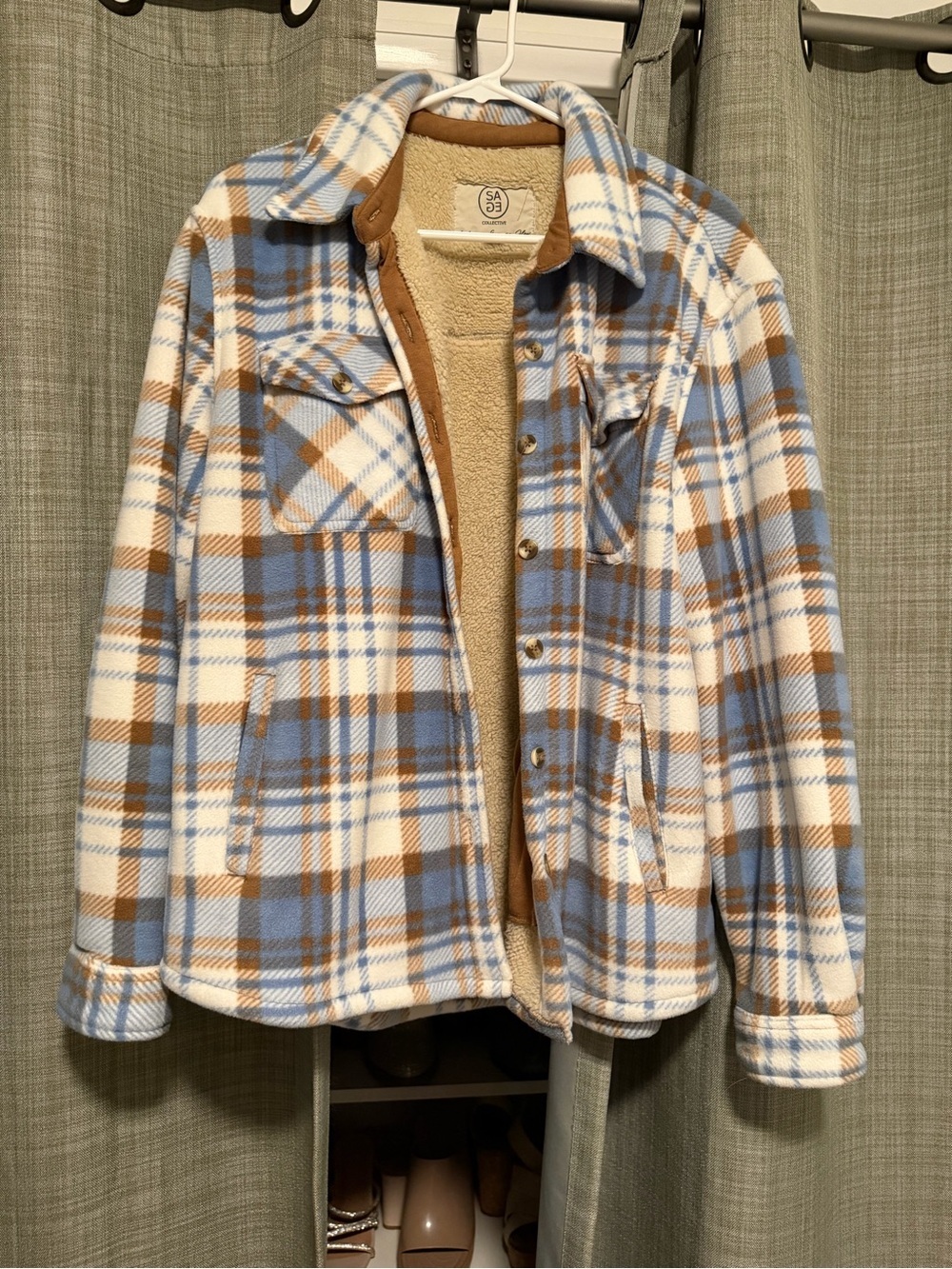SAGE Collective Cream Sherpa Jacket with Tan Trim